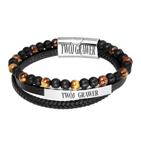 Skórzana bransoletka męska z koralikami i grawerem