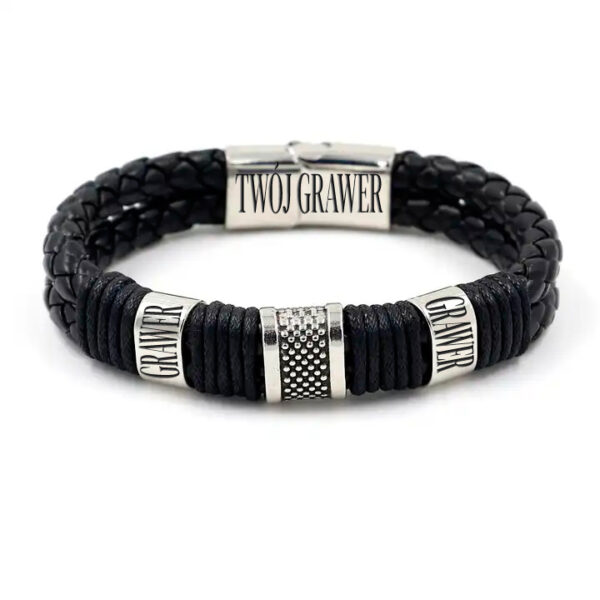 Bransoletka męska skórzana stal szlachetna szeroka podwójna