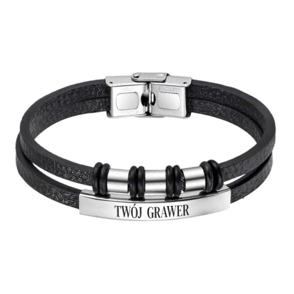 Męska bransoletka z grawerem stal skóra ekologiczna podwójna