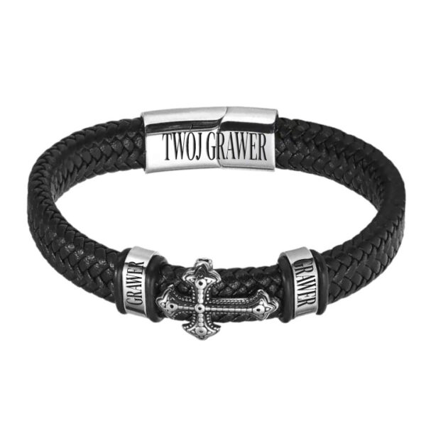 Męska bransoletka z charakterystycznym krzyżem skóra stal