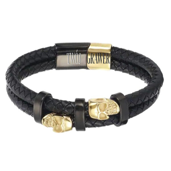 Skórzana męska bransoletka ze zdobionymi czaszkami