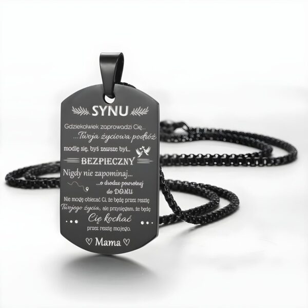stalowy nieśmiertelnik z dedykacją dla syna