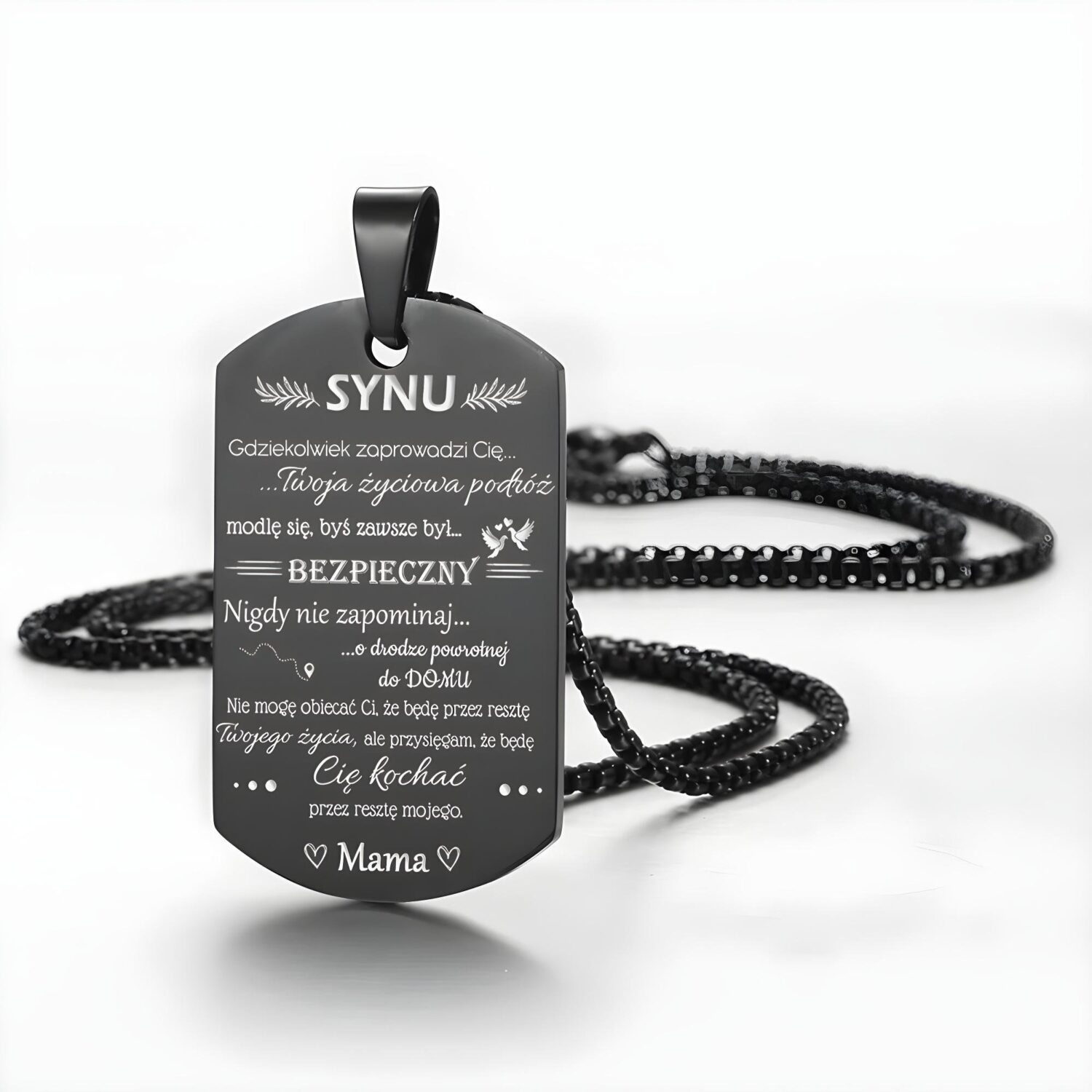 stalowy nieśmiertelnik z dedykacją dla syna