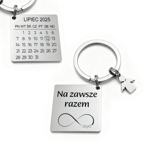 Brelok z kalendarzem i aniołkiem wygrawerowany w stali szlachetnej