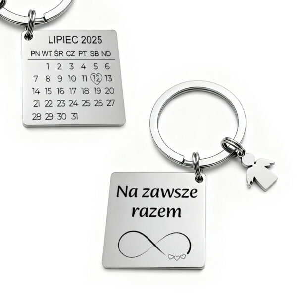 Brelok z kalendarzem i aniołkiem wygrawerowany w stali szlachetnej