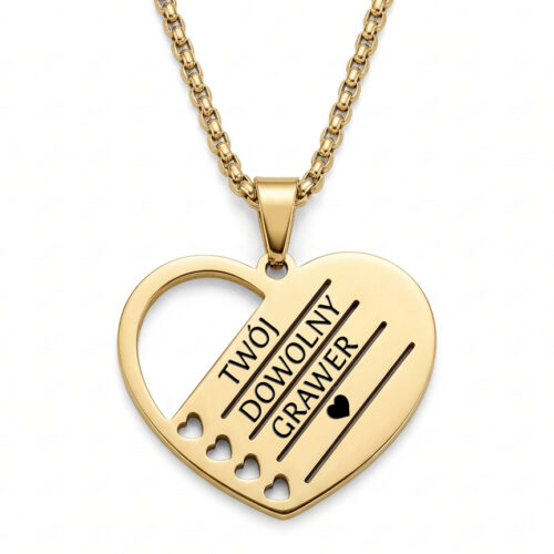 Srebrny personalizowany naszyjnik serce z dedykacją i serduszkami.