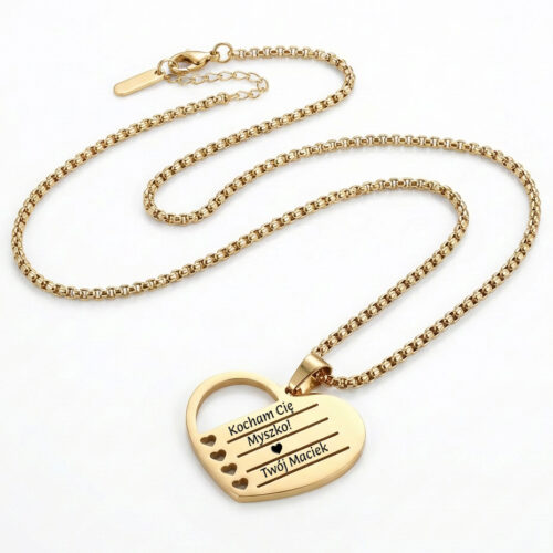 Złoty personalizowany naszyjnik serce z imionami dzieci.