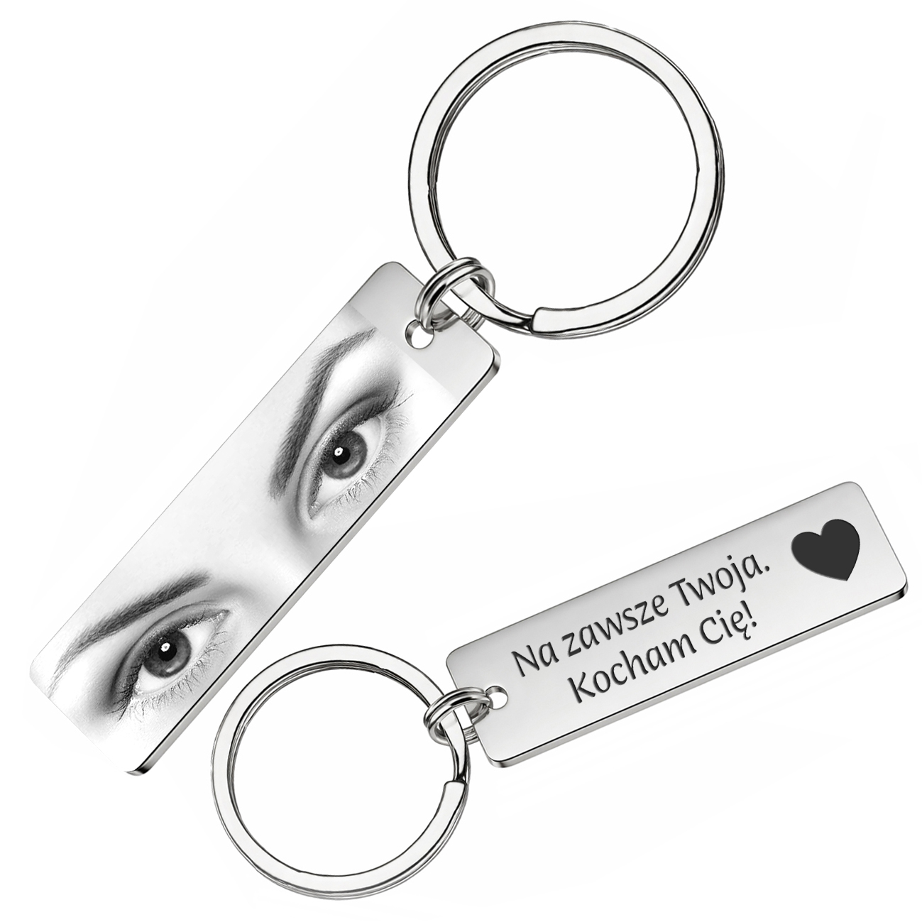 Brelok z grawerem oczu ze zdjęciem i napisem na stali szlachetnej