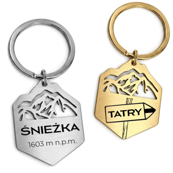 Brelok w kształcie gór w kolorze złotym z personalizowanym grawerem