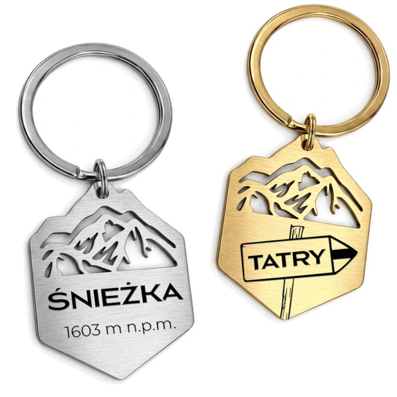 Brelok w kształcie gór w kolorze złotym z personalizowanym grawerem