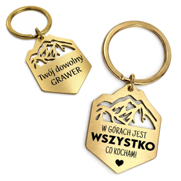 Brelok w kształcie gór ze szczotkowanej stali szlachetnej z grawerem